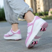 Resim Gençlerin Hafif 4 Tekerlekli Patenleri - Pembe ve Beyaz Düşük-Toplu Sneakerlar, Nefes Alabilen Kumaş Astar, TPR Taban, Tüm Mevsimler İçin Dış Mekan Sporları ve Günlük Giyim İçin - Erkek ve Kızlar İçin Unisex Hediye, Kızlar İçin Paten, Tüm Mevsimler İçin Ayakkabı, Şık Genç Ayakkabıları, Dayanıklı Genç Ayakkabıları 