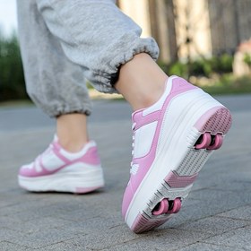Resim Gençlerin Hafif 4 Tekerlekli Patenleri - Pembe ve Beyaz Düşük-Toplu Sneakerlar, Nefes Alabilen Kumaş Astar, TPR Taban, Tüm Mevsimler İçin Dış Mekan Sporları ve Günlük Giyim İçin - Erkek ve Kızlar İçin Unisex Hediye, Kızlar İçin Paten, Tüm Mevsimler İçin Ayakkabı, Şık Genç Ayakkabıları, Dayanıklı Genç Ayakkabıları 