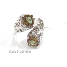 Resim Güler Yüzlü Silver Desen Detaylı Kare Sultanit İki̇li̇ Gümüş Yüzük 