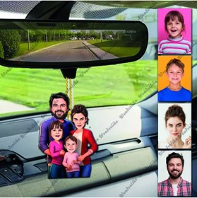 Resim wonderlike 4 Kişi Anne-Baba 2 Çoçuk Tasarımlı Ahşap Araba Dikiz Ayna Süsü 