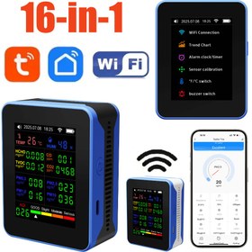 Resim Tuya WiFi 16-in-1 Hava Kalite Monitörü, Taşınabilir Hava Kalite Monitörü, Akıllı Hava Korumacısı APP ile, Sıcaklık ve Nem AQI PM2.5 CO2 PM0.3 PM1.0 PM10 CO TVOC HCHO Dedektörü, USB Güçlü, Tuya WiFi Kontrol, Ev/Ofis/Araç için Uygun, Noel Hediyesi, Hava Kalite Monitörü, Hava Kalite Sensörü, Hava Kalite Dedektörü 
