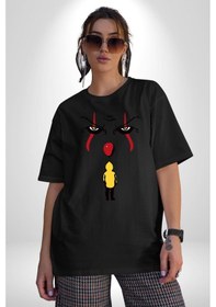 Resim Pennywise Vs Georgie Korku Filmi Pamuklu Bisiklet Yaka Unisex Oversize Boyfriend Dijital Baskılı Siyah T-shirt Siyah 
