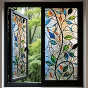 Resim Yaprak ve Dallar Desenli Vitray Stili Pencere Filmi, 45×100cm, Buzlu PVC Malzeme, Statik Adsorpsiyon Dekoratif Pencere Filmi, Yapışkan Olmayan Cam Sticker, Ev/Ofis/Oturma Odası/Banyo/Mutfak/Kapı ve Pencere için Uygun 