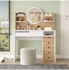 Resim Bohem Makyaj Masası 100cm Aynalı Çekmeceli Şifonyer Raf Sepet-beyaz Boh30-sw Beyaz - Kahverengi 