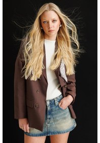 Resim Mixray 4809 Kadın Fular Detaylı Keten Blazer Ceket Kahve 