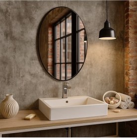 Resim 70x98 Cm Modern Oval Banyo Aynası Siyah Çerçeveli Dekoratif Duvar Aynası Siyah 
