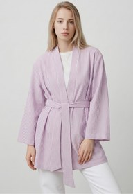 Resim Saade Lila Kadın Dikey Çizgili Geniş Kollu Şık Yazlık Relaxed Kimono 