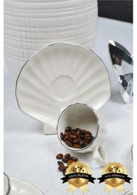 Resim Elta Collection 2 Kişilik Porselen Türk Kahve Fincan Takımı İstiridye Desenli Tabak Gerçek Gümüş Yaldızlı Gümüş 2 Li 