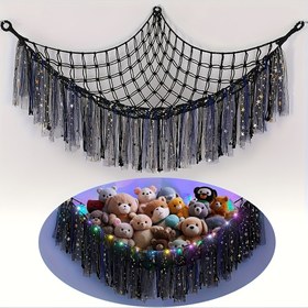 Resim 59 inç LED Işıklı Peluş Hayvan Hamak Ağı - Renkli Püsküllü, Pille Çalışan Asılı Oyuncak Saklama Çözümü - Bebek Odası, Çocuk Odası Dekoru (AA Piller Dahil Değildir), Peluş Hayvanlar İçin Oyuncak Hamak, Pille Çalışan Işıklar, Cadılar Bayramı ve Noel İçin Dekoratif Püsküller 