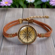 Resim Retro Macera Pusula Bilekliği - Bohem Tarzı Yuvarlak Cam Kubbe ve Altın Tonlu Alaşım & Kahverengi Sentetik Lif Kordon, Kadınlar için Dayanıklı Günlük Takı, Arkadaşlar İçin Benzersiz Hediye 