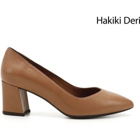 Resim Gönderi R Açık Taba Sivri Burun Orta Kalın Topuklu Hakiki Deri Ayakkabı Açık Taba 