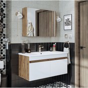 Resim ROOMART '' Lavabolu '' Atlantik-beyaz Mat Mdf 100 Cm Banyo Alt Dolap Aynalı Üst Dolap Banyo Dolabi Seti 