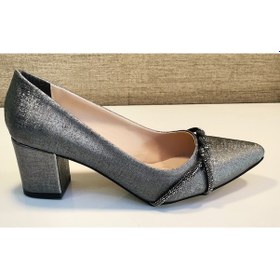 Resim Bilener 450 Bayan Kapalı Taşlı Kısa Kalın Ökçeli Stiletto Ayakkabı Platin 