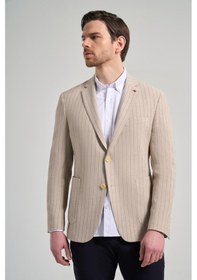 Resim İmza Çizgili Desen Gofreli Mono Yaka Esnek 6 Drop Slim Fit Ceket 1002250122 Koyu Bej 