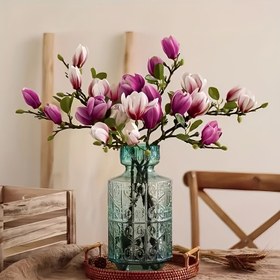 Resim 2 Çatal Lüks Yapay Magnolia Çiçekleri - Yumuşak Dokunuş, Gerçekçi Görünüm, Düğünler, Ev Dekorasyonu ve Tatil Kutlamaları için İdeal (Bir Mor, Bir Pembe Ambalaj), Düğün Çiçek Dekoru | Zarif Çiçek Aranjmanı | Detaylı Petal Tasarımı, Ev İçin Çiçek Süslemeleri 