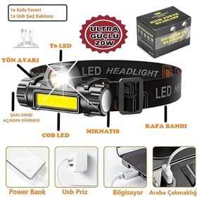 Resim Ultra Güçlü Şarjlı Mıknatıslı Kafa Lambası Cob Led Avcı Balıkçı Kamp Feneri Deprem Işığı Siyah 