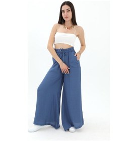 Resim Geniş Kemerli Bol Paça Düz Keten Kadın Pantolon - Mavi-mavi Mavi 