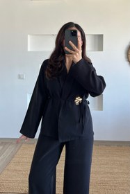 Resim butikhola Siyah Çıkarılabilir Broşlu Kimono Pantolon Takım 