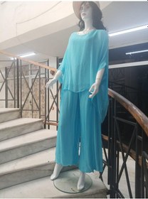 Resim Bohem Stil İtalyan Yarasa Kol İpek Bluz & Pantolon Takım-8767 Turkuaz 