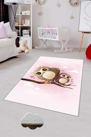 Resim Pelangi Pembe Kuş Desenli Yıkanabilir Kaymaz Taban Leke Tutmazbebek Ve Çocuk Odası Halısı, Pembe-Kahve 100 x 300 