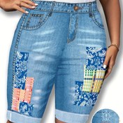 Resim Kadınların Şık ve Rahat Baskılı Dar Şortları, Suni Denim Etkili. 