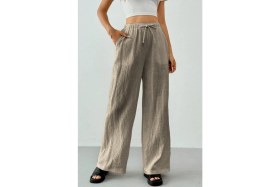 Resim Ghassy Co. Kadın %100 Cotton Müslin Ultra Hafif Palazzo Model Geniş Paça Keten Karışım Pantolon 