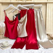 Resim 2 Takım Kadın Seksi Düz Saten Pijama Takımı, Kapüşonlu Sırtı Açık Kolsuz Üst & Pantolon, Rahat Bol Kesim 