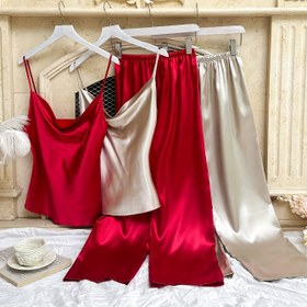 Resim 2 Takım Kadın Seksi Düz Saten Pijama Takımı, Kapüşonlu Sırtı Açık Kolsuz Üst & Pantolon, Rahat Bol Kesim 