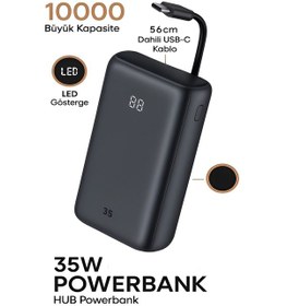 Resim 10000mah Lcd Dijital Göstergeli 35w Hızlı Şarjlı Powerbank - 56cm Type-c Kablolu Siyah 