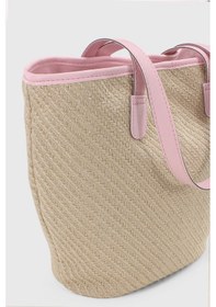 Resim Housebags Doğal Hasır Pembe Deri Askılı Plaj Çantası Hasır Pembe 