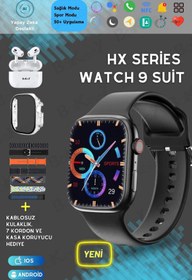 Resim Hx Watch 9 Suit 7 Kordonlu Full Set Kadın Erkek Akıllı Saat Kulaklık Kırılmaz Cam Kılıf Hediyeli 