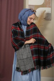 Resim Çift Taraflı Ekose Kışlık Omuz Şalı Siyah 