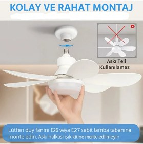 Resim Tavan Vantilatör Kumandalı Sessiz 6 Kanatlı Işıklı E27 Duy Modern Led Aydınlatma Yeni Nesil 