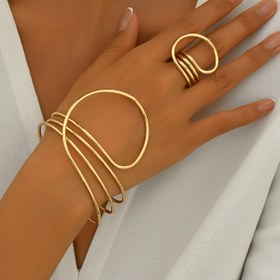 Resim Günlük giyim için çok yönlü olan, açık manşet bilezik ve yüzük kombinasyonu olan, geometrik halk desenli, demir malzeme içeren, vintage sokak stili 2 parçalı takı seti 