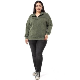 Resim Büyük Beden Pis Dikişli Fermuarlı Yırtmaçlı Parça Boyalı Haki Sweatshirt-haki Haki 