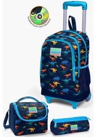 Resim Coral High Kids Lacivert Mavi Dinozor Desenli Çekçekli 3'lü Çanta Seti Set0123135 