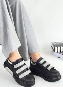 Resim Erbilden Siyah Cilt Simli Cırt Cırtlı Spor Ayakkabı 