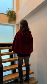 Resim Önden Düğmeli Kürk Yaka Panço Bordo 