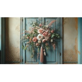 Resim Venspor Vintage Çiçek Aranjmanlı Mavi Kapı Arkaplanı Rustik Fon Duvar Örtüsü 200 x 150 cm 