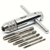 Resim 6 Adet/takım, Ayarlanabilir Gümüş T-Saplı Ratchet Tap Tutucu Anahtar, 5 Adet M3-M8 3mm-8mm Makine Vida Konu Metrik Fiş T Şekilli Tap Ile 