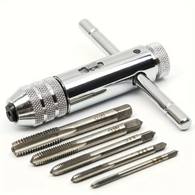 Resim 6 Adet/takım, Ayarlanabilir Gümüş T-Saplı Ratchet Tap Tutucu Anahtar, 5 Adet M3-M8 3mm-8mm Makine Vida Konu Metrik Fiş T Şekilli Tap Ile 