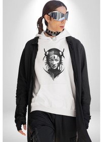 Resim Asyalı Samuray Siyah Beyaz Dövmeli Çift Yüz Kadın Erkek Beyaz Kapüşonlu Sweatshirt Hoodie Beyaz 