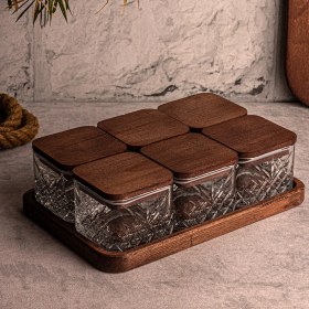 Resim Snippy Milla Kare 6'lı Ahşap Vakumlu Kapaklı Dikdörtgen Tepsili Cam Kahvaltılık Çok Amaçlı Çerezlik 230 ml 