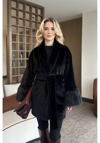 Resim Siyah Kolu Kürklü Kaşe Ceket - 2509 Siyah 