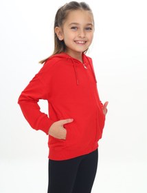 Resim Toontoy Kırmızı Kız Çocuk Kapüşonlu Fermuarlı Cepli Düşük Omuz Örme Hırka - 2 İplik 