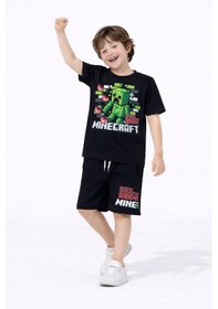 Resim Miniko Kids Erkek Çocuk Mınecraft Desenli Pamuk Şortlu Takım Siyah 