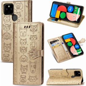 Resim Yihang Boutique Google Piksel 5 Çevirme Cüzdan Kabartmalı Kapak Etui Housse Kedi Köpek Deseni - Altın (Yurt Dışından) 