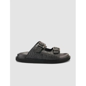 Resim Cabani %100 Hakiki Deri Croco Desen Siyah Erkek Terlik 