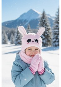 Resim Eleven Markets Kız Çocuk Kulaklı Bere Boyunluk Takım Sevimli Tavşan Desenli Polar Kışlık Şapka & Atkı, 3-9 Yaş Pembe 