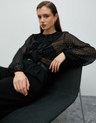 Resim Şifon Gömlek Fırfırlı Bebe Yaka Düğmeli Puantiyeli Balon Kollu 